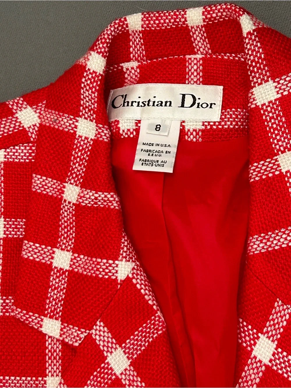 Vintage Circa 90's Couture Dior Red and White Windowpane Blazer and Skirt SET
